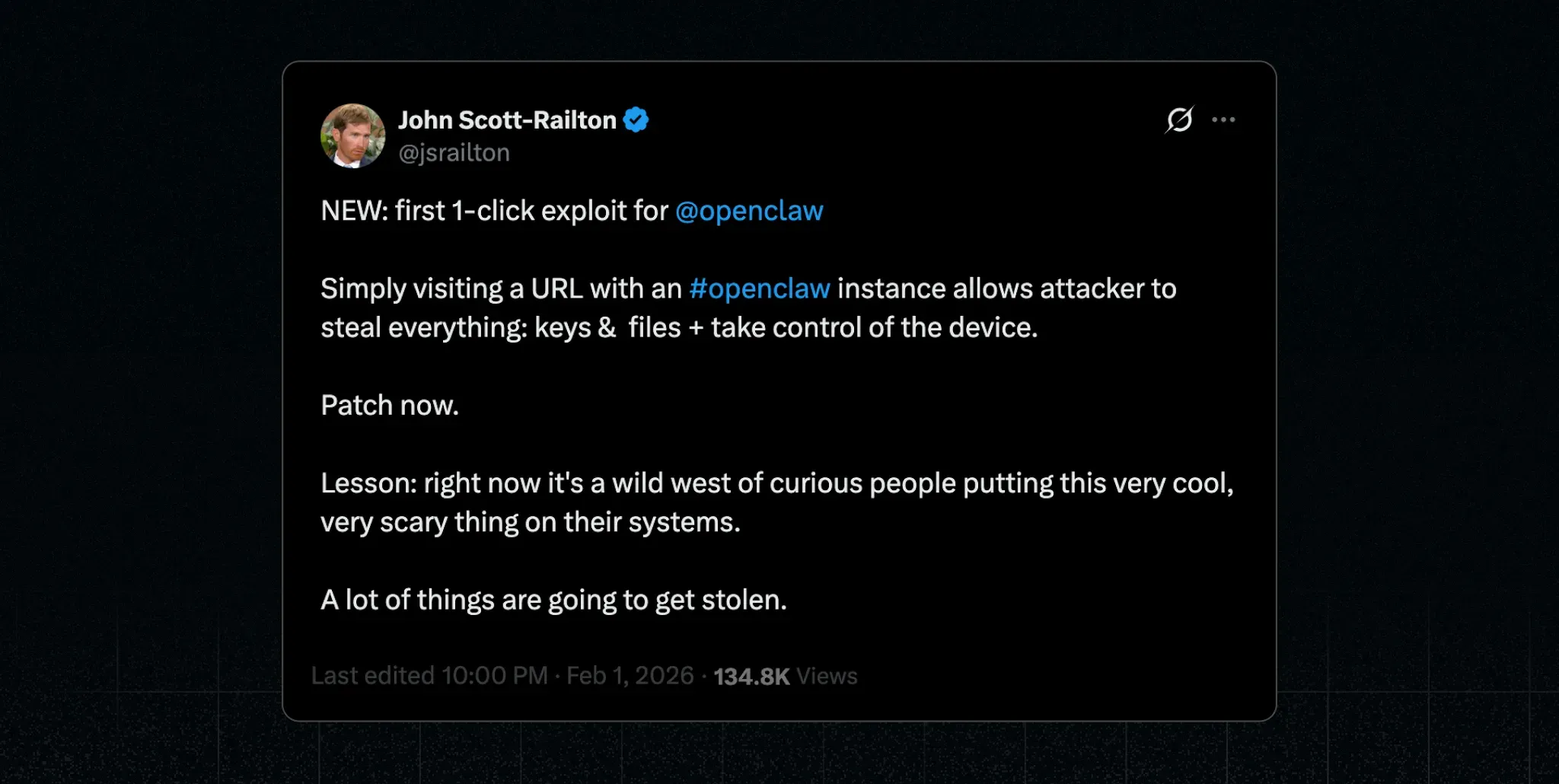 X Post from @jsrailton about OpenClaw