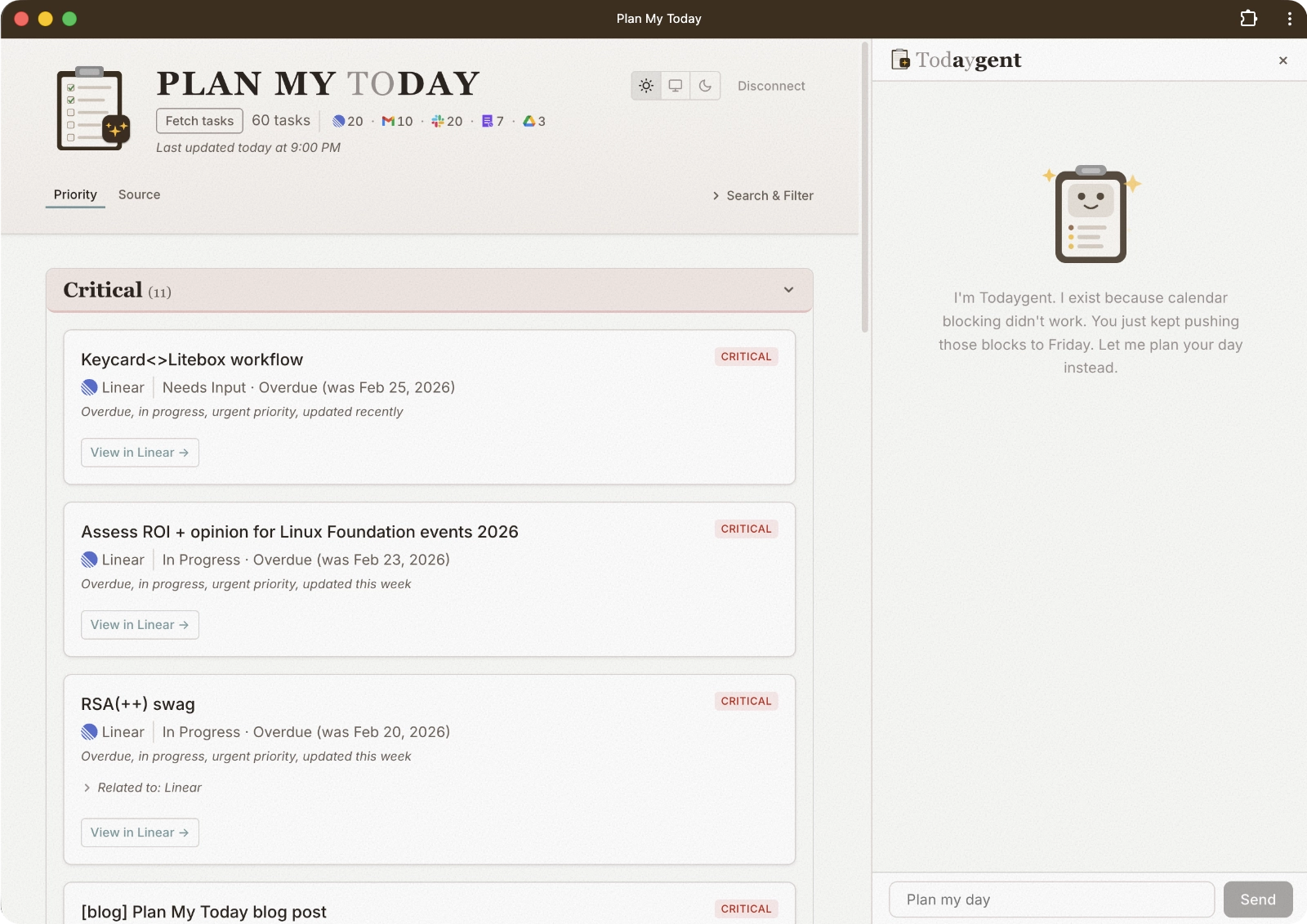 Plan My Today dashboard - priority